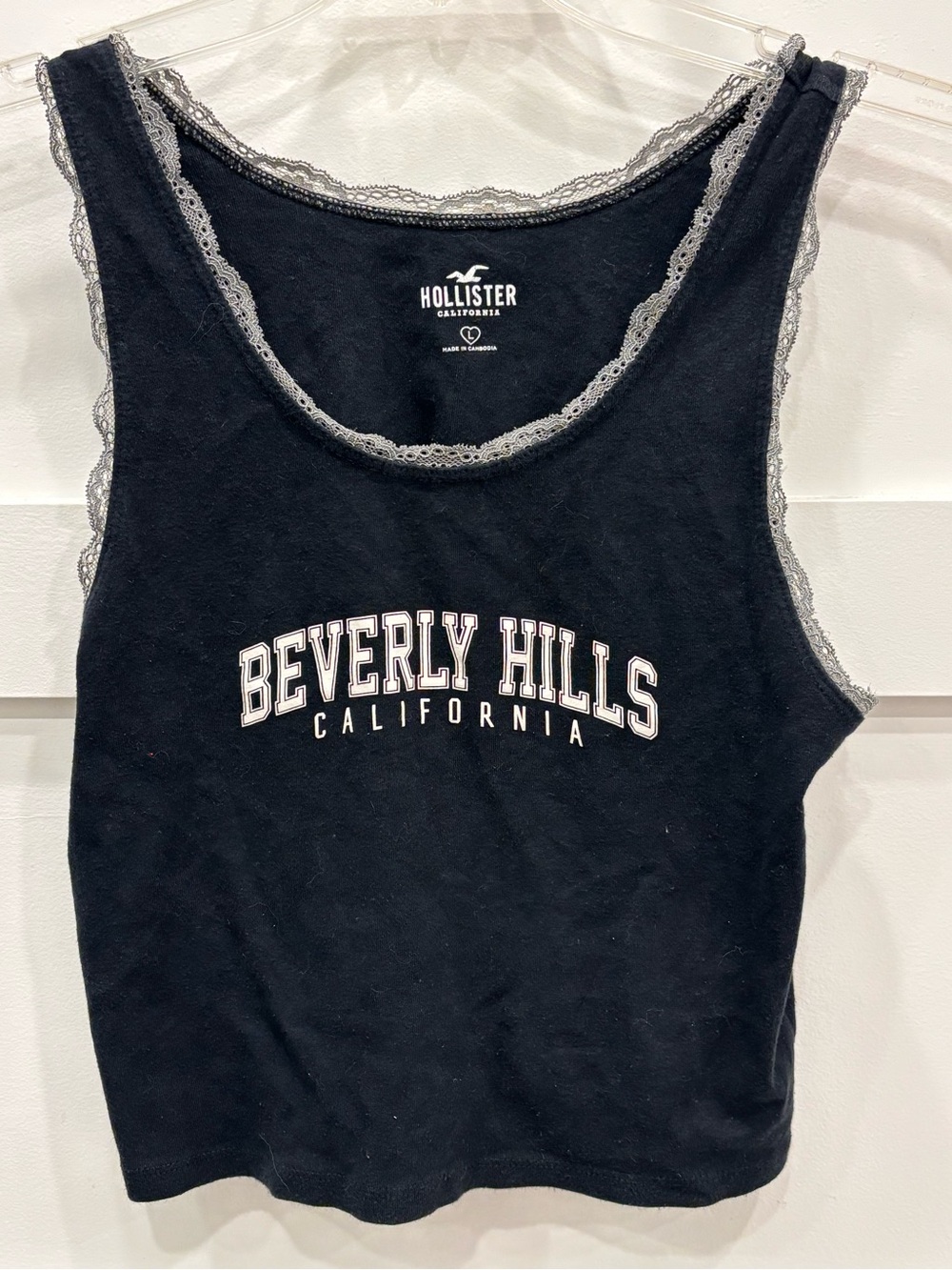 Hollister Black Tank with Gray Lace Trim and Beverly Hills Graphic